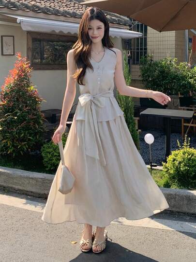 DAZY Women's V-Neck Satin Sleeveless Blouse & Skirt 2-Piece Set, Korean Style, Elegant For Party, Spring/Summer