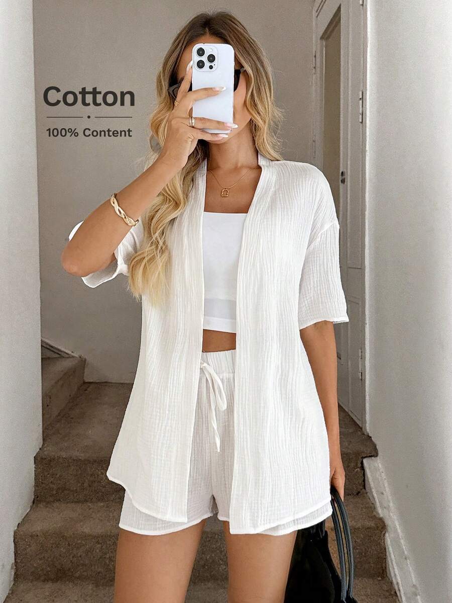Easowa Bộ đồ kimono cotton trắng nhăn + quần short, trang phục đi nghỉ thường ngày cho mùa xuân/hè - trắng - Xem 1