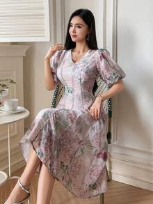 DAZY Đầm midi tay phồng cổ chữ V họa tiết hoa thanh lịch dành cho nữ, đầm dự tiệc cưới mùa hè. - Hồng - Xem 6