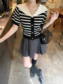 DAZY Women's Elegant Contrast Stripe Collared Knit Top, Summer - Black - View 5