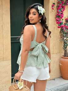 SHEIN LUNE Plus Size Women's Sage Green Cute Elegant Picnic Holiday Summer Bowknot Backless Ruffle Hem Casual Camisole Baby Doll Tank Top - Green - View 1