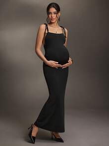 Cheriluna Maternity Vestido de fotografía de maternidad con tirantes sin espalda, vestido fruncido sin espalda de unicolor - Negro - Ver 2