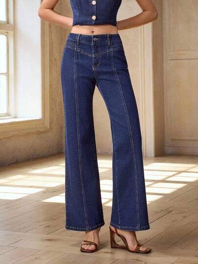 Selenza Women's Elastic Casual Loose Flare Dark Denim Jeans