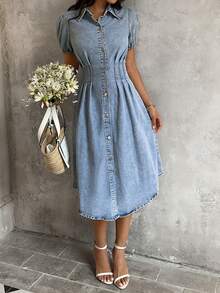 Sunnyshic 女士牛仔超长高开衩连衣裙 - 藍色 - 查看 5