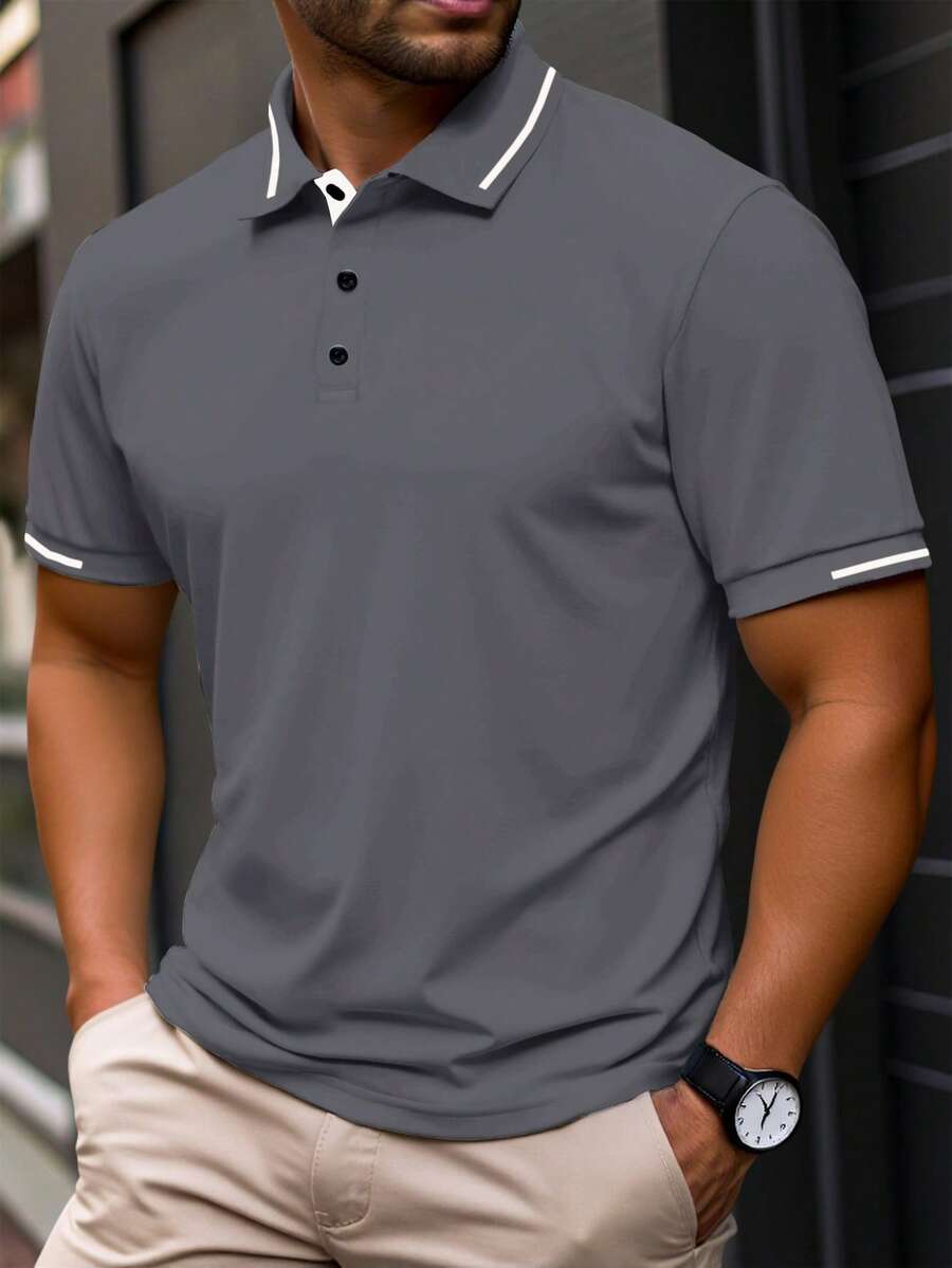 Manfinity Homme 男士休闲日常Polo衫 男士翻领灰色上衣 男士夏季Polo衫 男士短袖Polo衫 - 灰色 - 查看 1