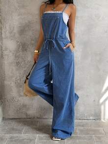 Sunnyshic Women's Pocket Waist Tie Casual Wide Leg Jumpsuit - Light Wash - View 4