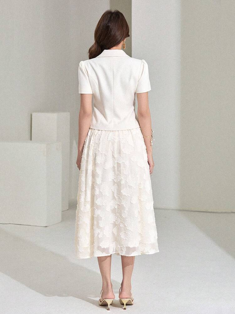 Women's Elegant Blazer Collar Pocket Puff Sleeve Jacket & Lace Skirt Suit Set, Summer,Wedding Guest Dress Women