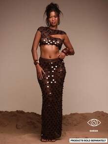 Musera Resort Váy maxi dệt kim hở đính sequin, chỉ dùng để che chắn khi đi bơi, du lịch mùa hè, đồ đi biển Terra Sol mùa xuân - Màu nâu Sô-cô-la - Xem 2