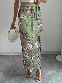 Elenzga 女士夏季度假热带植物印花系腰半身裙 - 彩色 - 查看 4