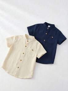 SHEIN 两件装男童休闲韩版纯色翻领宽松衬衫，两种颜色可选，每款可买一套或两套，适合上学、居家、度假、运动穿着，适合春夏季节，买一送一，两件超值优惠，送礼佳品。 - 彩色 - 查看 5