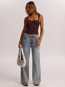 SHEIN BAE 女士约会之夜女友聚会生日派对夜店假日派对优雅波点吊带背心，女友聚会，约会，日常通勤束身衣，可爱性感上衣夜店装，夏季上衣 - 巧克力棕 - 查看 5