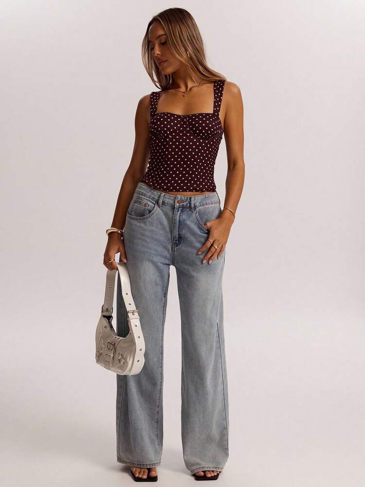 SHEIN BAE 女士约会之夜女友聚会生日派对夜店假日派对优雅波点吊带背心，女友聚会，约会，日常通勤束身衣，可爱性感上衣夜店装，夏季上衣 - 巧克力棕 - 查看 5