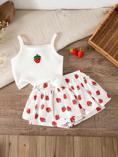 LMoss Kids 2件套女婴针织纯色樱桃刺绣吊带背心和梭织短裤套装