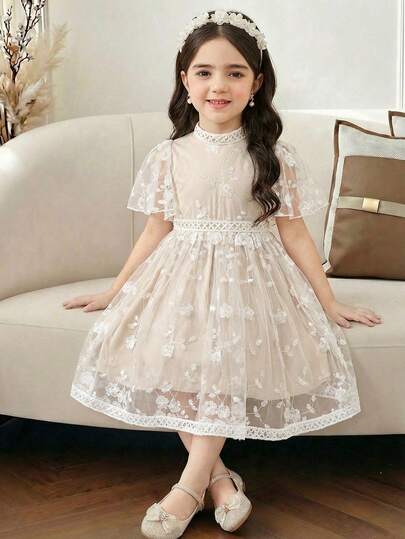 Apricot & Ivory Lace Embroidered Mesh Waist Cinched Dress, Cute & Fashionable, Versatile For Outings, Sister Photos, Park, Camping, Daily Wear, Party, Vacation