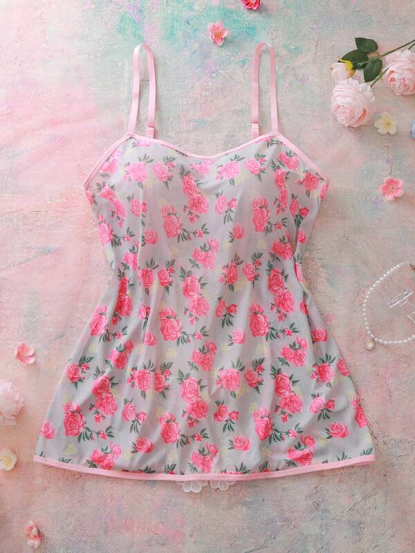 Plus Size Romantic Floral Print Sheer Mesh Backless Bodycon Dress, Lingerie