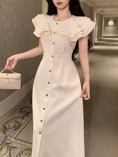 DAZY 白色中长连衣裙，优雅修身，适合春夏穿着，可用于婚礼、派对、正式场合和通勤。