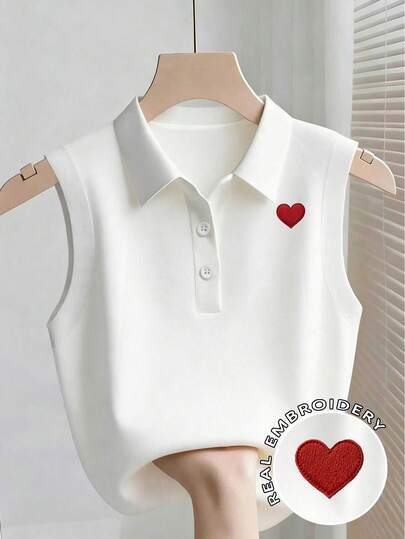 Resyla Women's Casual Everyday Commute Versatile Heart Embroidery Polo Neck Tank Top, Summer