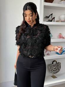 Elenzga Black Jacquard Fabric V-Neck Short Sleeve Fashionable Party Blouse For Plus Size Women, Spring/Summer - Black - View 1