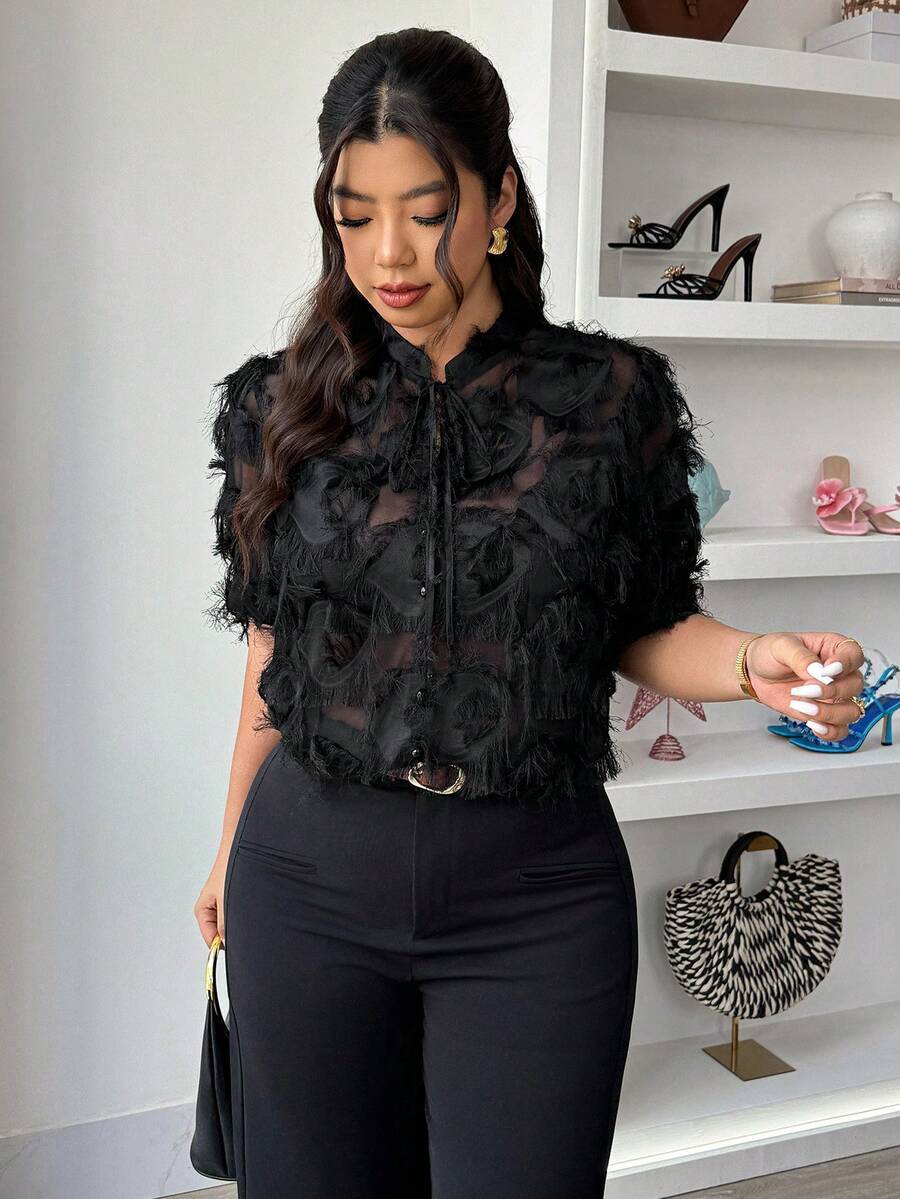 Elenzga Black Jacquard Fabric V-Neck Short Sleeve Fashionable Party Blouse For Plus Size Women, Spring/Summer - Black - View 1