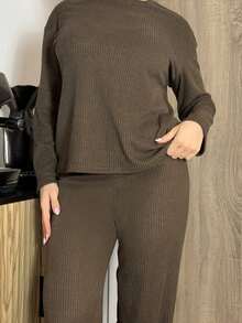Bethéva 2 件套女士纯色圆领落肩长袖休闲针织纹理套装 - 棕色 - 查看 3