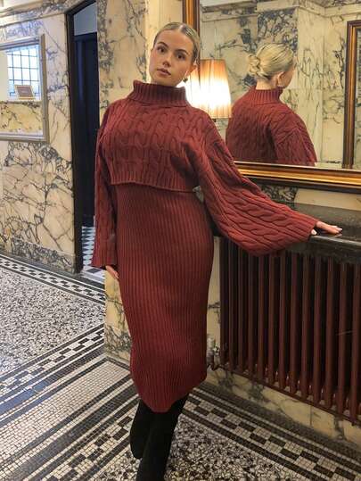 Bethéva 2pcs Women's Casual Knitted Sweater Top And Long Skirt Set, Loose Fit Turtleneck Long Sleeve Crop Top And Skirt, Autumn/Winter