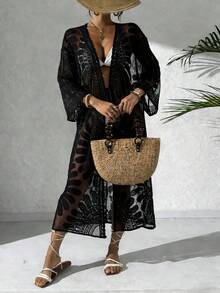 Swim Vcay Kimono Longo Transparente com Bordado Floral Feminino, Estilo Resort de Praia, Primavera/Verão - Preto - Visão 2