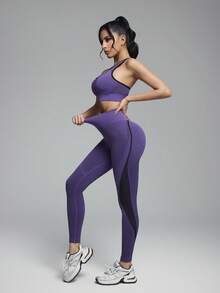 Innovista 2件套基础款运动文胸和裤子套装，吸湿排汗面料，紫色，无缝瑜伽/健身紧身裤 - 藍色 - 查看 7