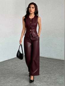 SHEIN PETITE 女士秋季PU皮黑色摩托车夹克背心 - 酒紅色 - 查看 1