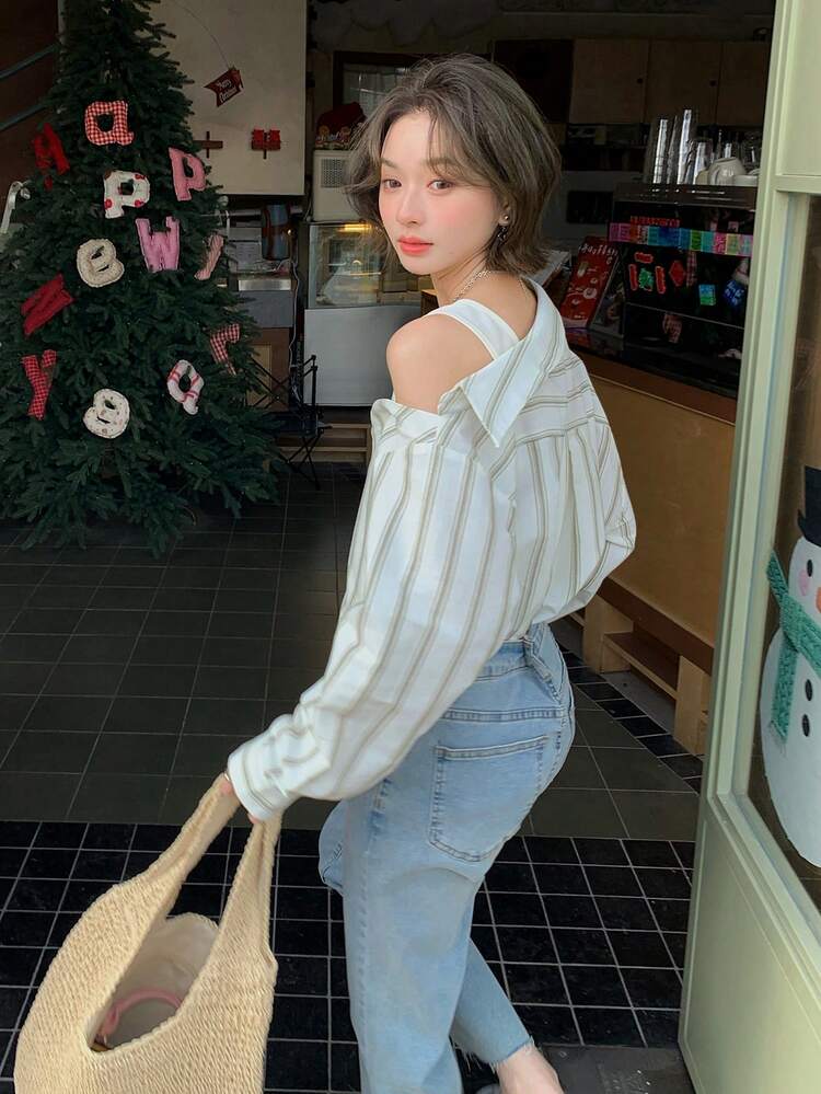 Women's Autumn New Stylish Lapel Patchwork 2 In 1 Open Shoulder Single-Breasted Long Sleeve Striped Shirt