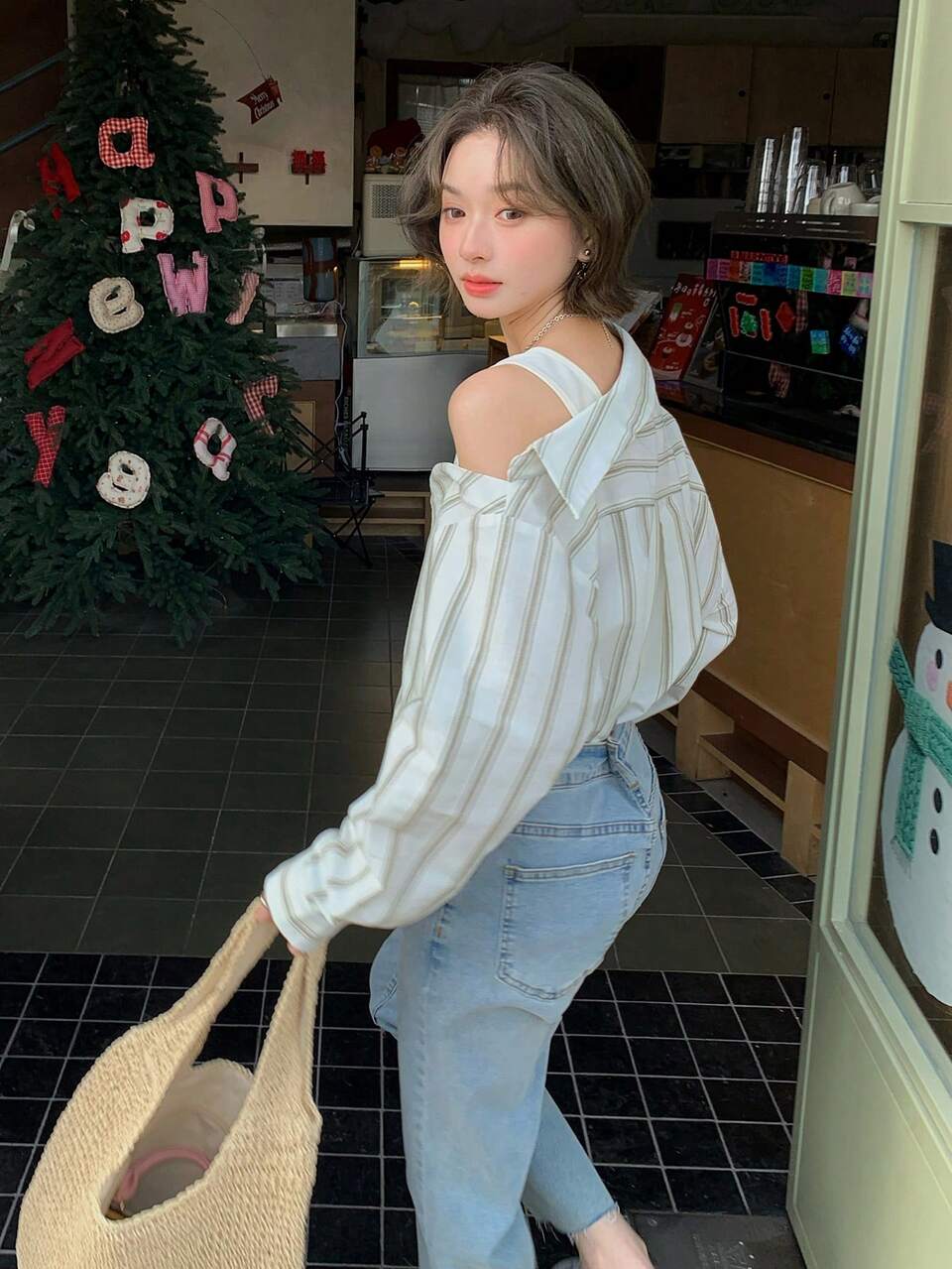 Women's Autumn New Stylish Lapel Patchwork 2 In 1 Open Shoulder Single-Breasted Long Sleeve Striped Shirt