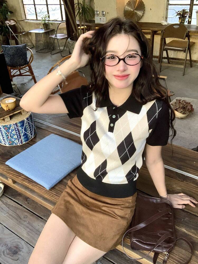 Women's Collared Diamond Pattern Knit Top, Korean Style Summer Boho