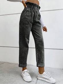 Flexra Quần jeans nữ thường ngày có túi và nút - Màu xám đen - Xem 4