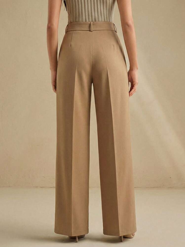 Women's Elegant & Sophisticated Khaki Wide Leg Pants With Waist Belt & Pleated Leg Design