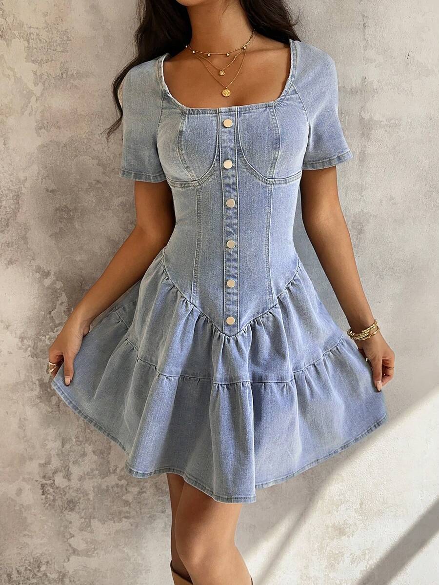 Sunnyshic 女士牛仔超长高开衩连衣裙 - 藍色 - 查看 1