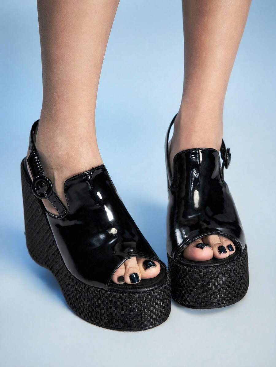 Sugerpunk 女士厚底凉鞋，露趾坡跟拖鞋，时尚鞋履 - 黑色 - 查看 1