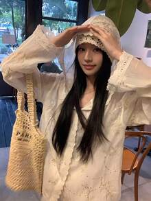 DAZY Women's Lightweight Floral Embroidered Drop Shoulder Hooded Jacket, Summer - White - View 8