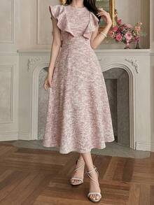 DAZY 女士优雅纹理荷叶边下摆圆领中长连衣裙，夏季 - 粉色 - 查看 6