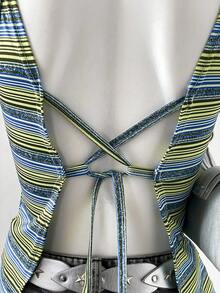 INAWLY 女士夏季休闲度假日常通勤时尚街头撞色条纹印花系带露背修身吊带衫 - 藍色 - 查看 5