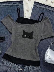 少女Y2K休闲简约黑白波点印花褶皱系带露脐上衣 - 彩色 - 查看 7