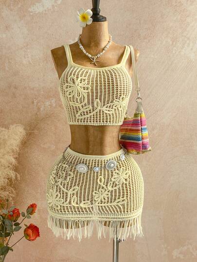 Soleia Vacation Beach Solid Color Hollow Out Knit Camisole & Tassel Hem Skirt Set