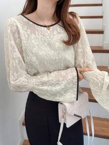 FRIFUL Women's Round Neck Lace Fabric Shirt With Contrast Color Trim On Collar And Cuffs, Bell Sleeve Design, Suitable For Spring To Summer - White - View 6