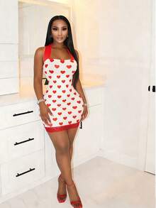 BamGleam Vestido Curto Sexy de Alça Fina com Estampa de Coração Romântico do Dia dos Namorados, Design de Recorte com Bainha de Renda para Festa de Ano Novo para Mulheres - Branco - Visão 4