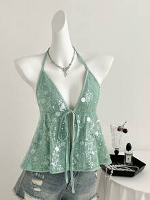 Elamini 女士亮片吊带背心，性感派对度假风，浅绿色，春夏款 - 薄荷綠 - 查看 5