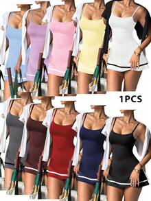 Easithlete Adjustable Strap Contrast Stripe Hem Tankini Set With Shorts, Sporty & Casual Dress For Spring/Summer - Navy Blue - View 2