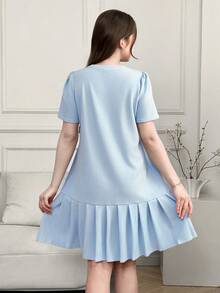 SHEIN Teen Girls Bowknot Round Neck Short Sleeve Pleated Dress - Blue and White - View 2