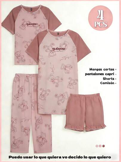 Set de 4 piezas de pijama informal con dibujos animados para mujer, tres piezas, adecuado para las temporadas de primavera, verano y otoño,pijamas mujeres,valentines day