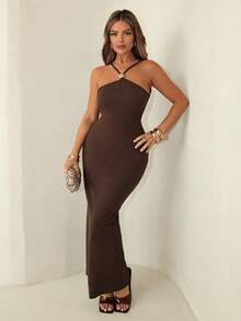 Sirith Elegant Sexy Coffee Brown Halter Backless Sleeveless Dress For Dates & Holidays, Spring/Autumn - Coffee Brown - View 4
