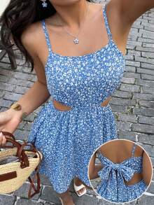 Tween Girls' Casual Ditsy Floral Spaghetti Strap Dress, Spring/Summer Vacation - Blue - View 1