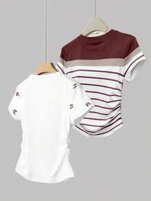 SHEIN 两件套女士夏季上衣，收腰T恤，经典条纹和甜美樱桃印花设计，优雅套装，休闲、户外、学生装 - 彩色 - 查看 2