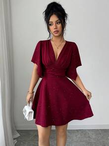 Elenzga New Women V-Neck Pleated Bust Ruffle Sleeve Waist Cinched Mini Dress, Elegant And Youthful - Burgundy - View 5